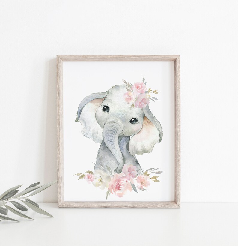 May include: A watercolour painting of a cute baby elephant with pink flowers in its hair. The elephant is looking at the viewer with big, innocent eyes. The background is white.