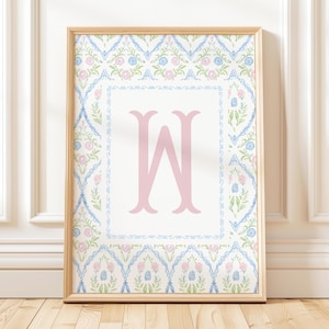 Rosa Anfangsbuchstabe W Print, Grandmillennial Stil, Monogramm Druck, Vintage Wand Kunst, Mädchen Kinderzimmer Druck, Blumenkinderzimmer Dekor, Baby Geschenk,