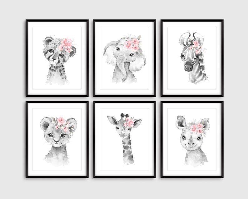 6 Black and White Safari Animal Nursery Prints Pink Floral Etsy