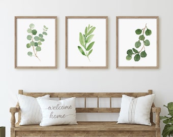 Set of 3 Eucalyptus Art Prints, Botanical Leaf Wall Art, Watercolor Foliage, Living Room Decor, Bedroom Wall Art, Plants, Home Decor Gift,