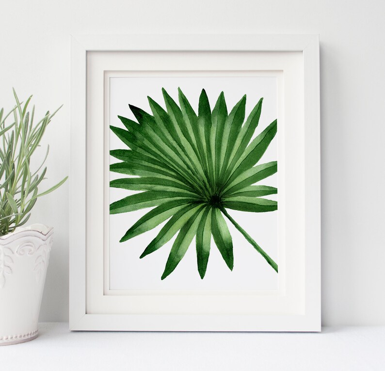 K&ouml;nnte beinhalten: Ein Aquarellbild eines einzelnen gr&uuml;nen Palmblattes, gerahmt in einem wei&szlig;en Rahmen.