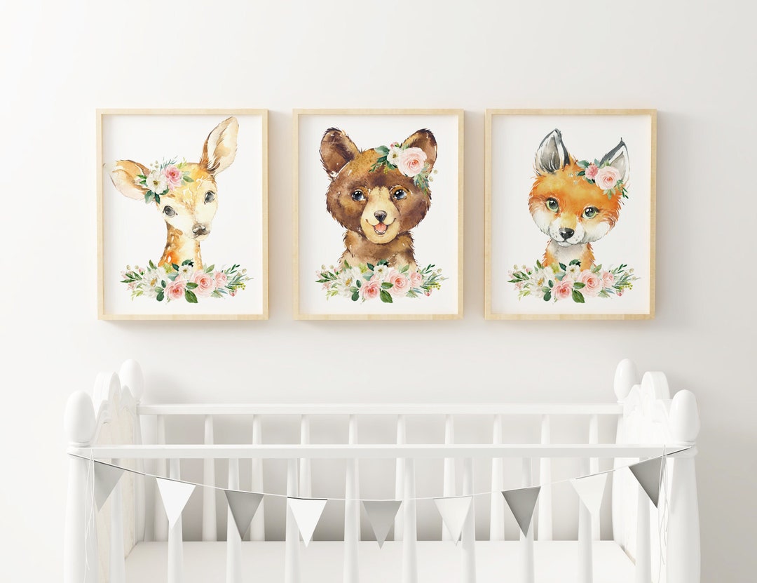 Floral Woodland Animal Prints, Baby Girl Nursery Wall Art, Girls Room ...