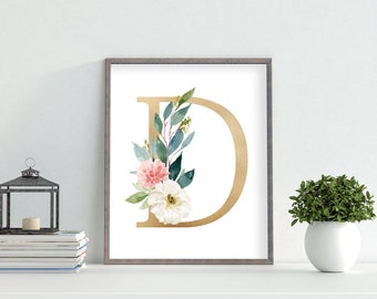 Pink Floral Gold Letter Print, Letter D, First Initial, Monogram Print, Nursery Wall Decor, Watercolor Flowers, Floral Nursery Wall Art,