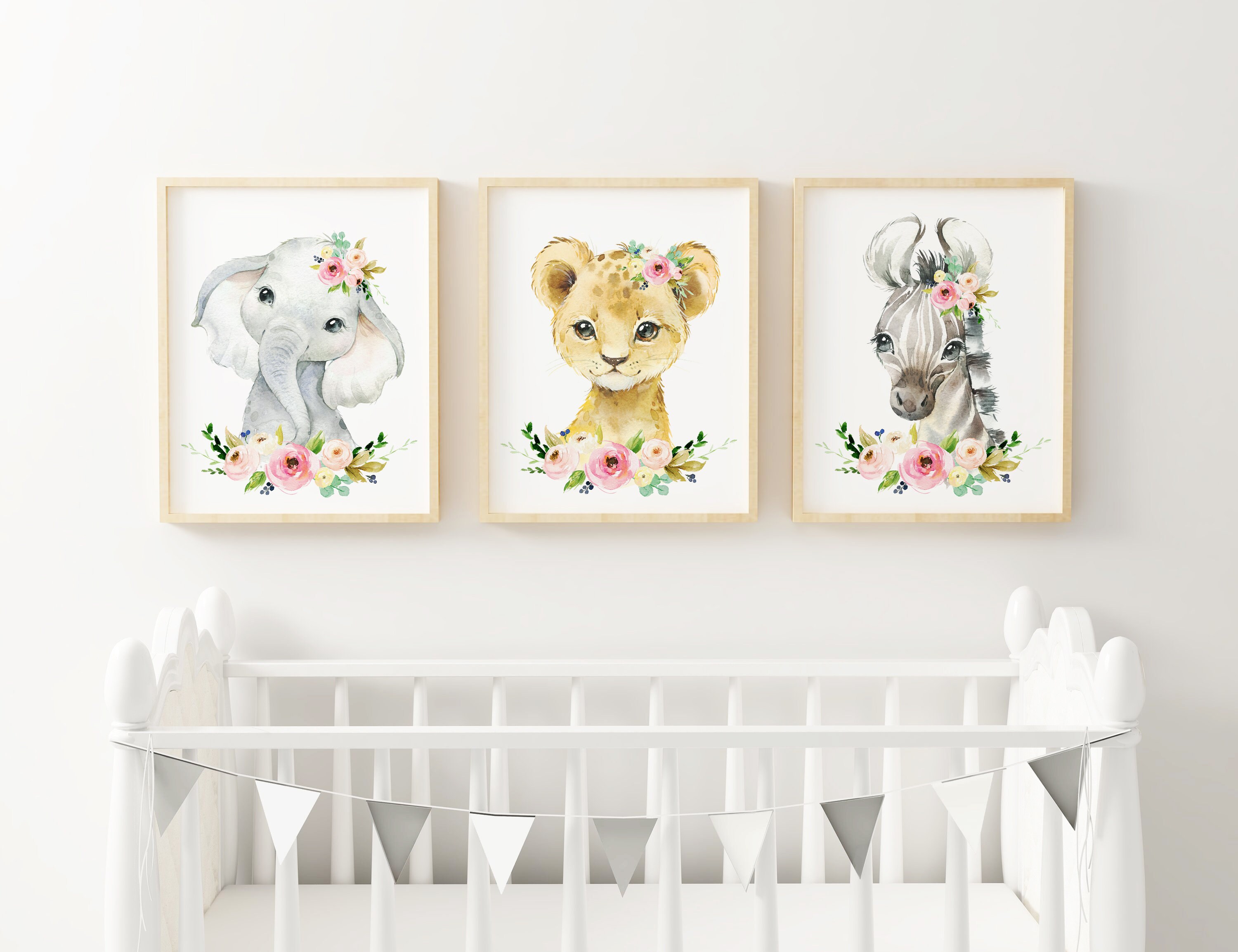 Pink Floral Safari Animal Nursery Wall Decor, Baby Girl Nursery ...