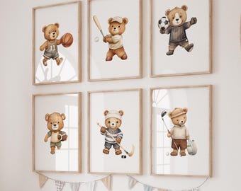 Set of 6 Sports Teddy Bear Wall Prints, Boys Nursery Wall Art, Watercolor Animal Sports Decor Kids Room Artwork, Playroom Printable Download