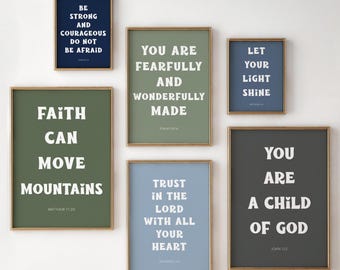 Set of 6 Kids Bible Verse Prints, Boy Nursery Wall Art, Christian Wall Decor, Printable Scripture Poster, Religious Artwork Instant Download