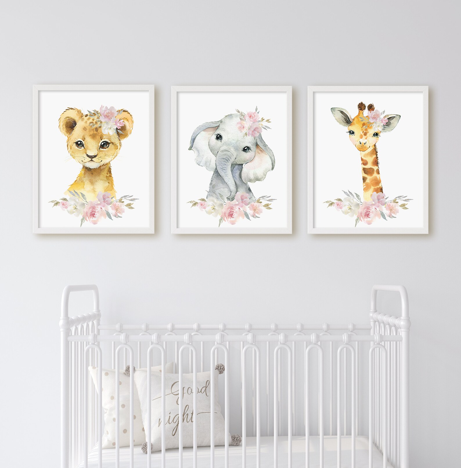 3 Baby Girl Watercolor Floral Safari Animal Nursery Wall Decor, Blush ...