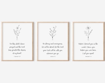 Set of 3 Nursery Bible Verse, Baby Girl Nursery Scripture, Be Strong Joshua 1:9, Christian Botanical Nursery Decor, Nursery Printable Girl,