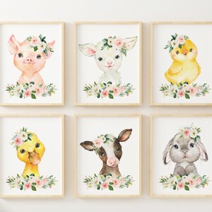 Pink Floral Farm Animal Prints, Nursery Wall Decor, Watercolor Farm Animals, Baby Shower Gift, Nursery Art, Lamb, Bunny, Pig, Cow, Chick,
