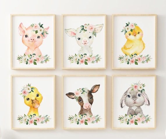 Pink Floral Farm Animal Prints Nursery Wall Decor Watercolor - Etsy