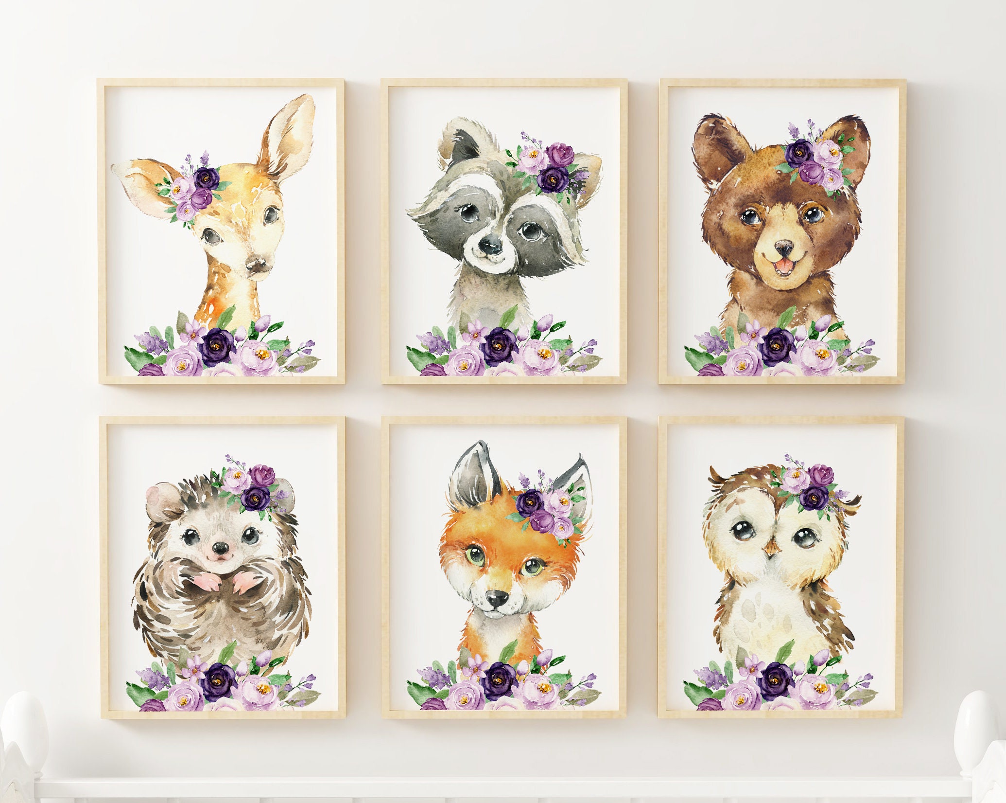 Baby Girl Nursery Prints, Woodland Animal Wall Art, Watercolor Purple ...