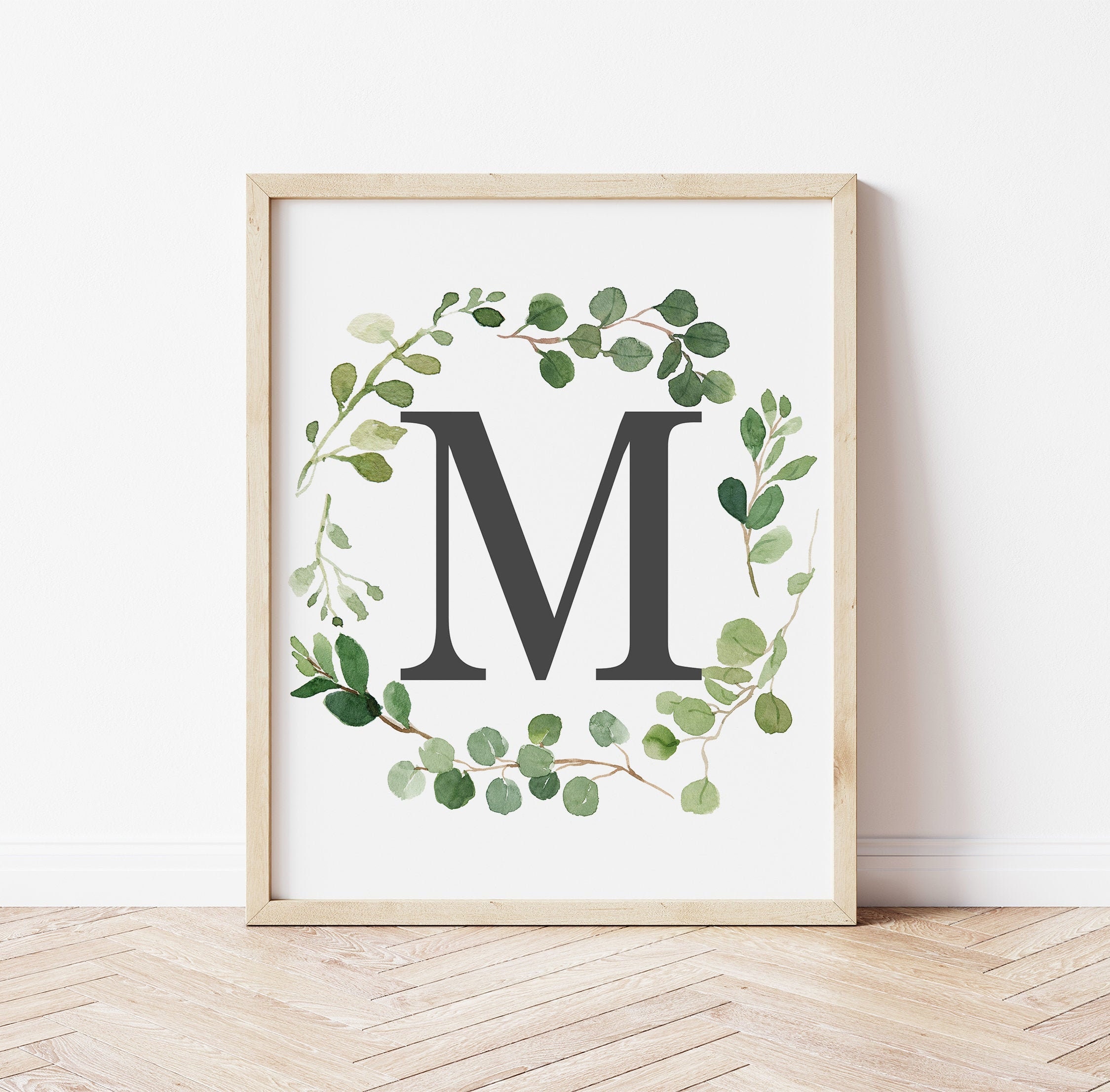 Letter M Eucalyptus Wreath Print First Initial Monogram | Etsy