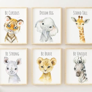 Set of 6 Safari Animal Prints, Nursery Wall Decor, Watercolor Jungle Animals, Baby Shower Gift, Elephant, Lion, Giraffe, Digital Download,