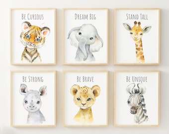 Set van 6 Safari Dier Prints, Nursery Wall Decor, Aquarel Jungle Dieren, Baby Shower Gift, Olifant, Leeuw, Giraffe, Digitale Download,