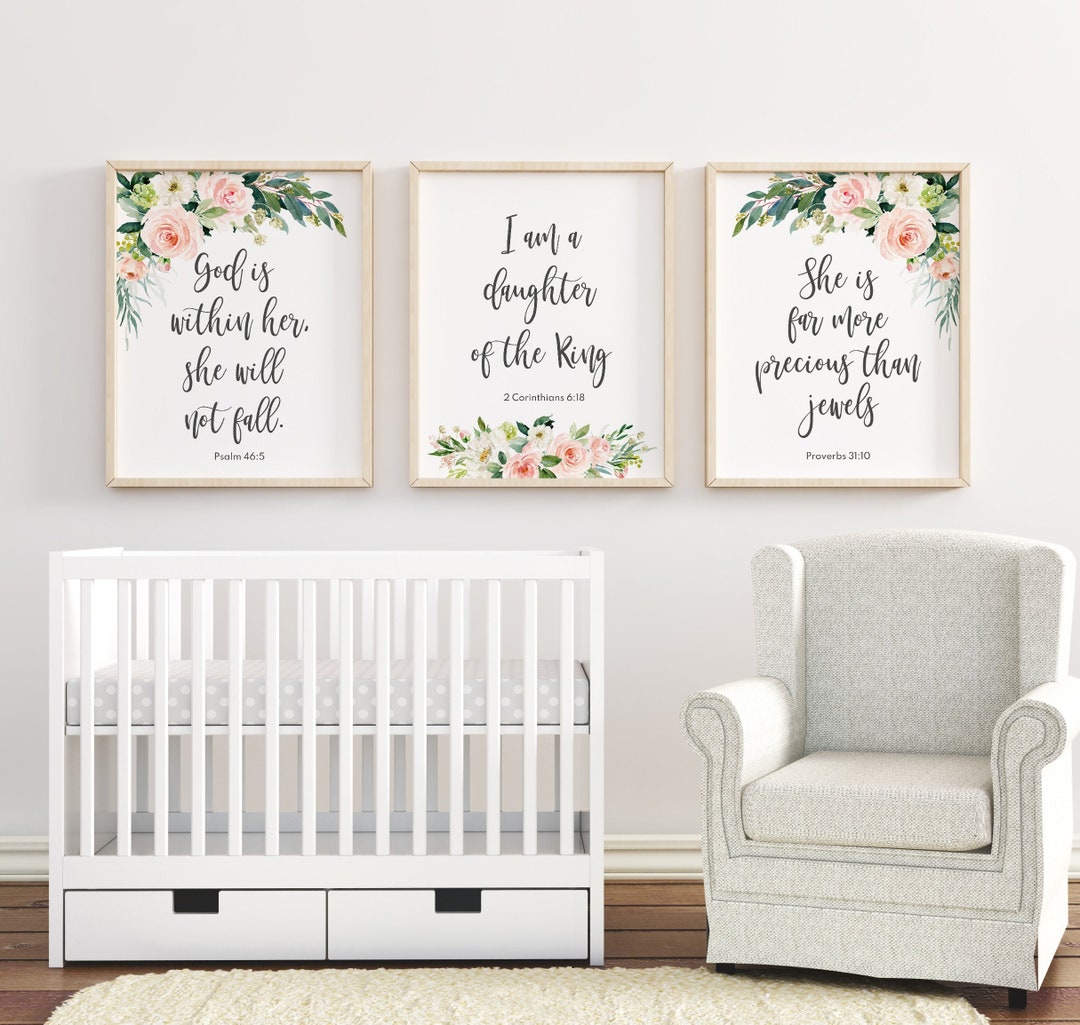 Baby Girl Nursery Bible Verses, Christian Baby Gift, Nursery Floral Prints, Nursery Wall Art