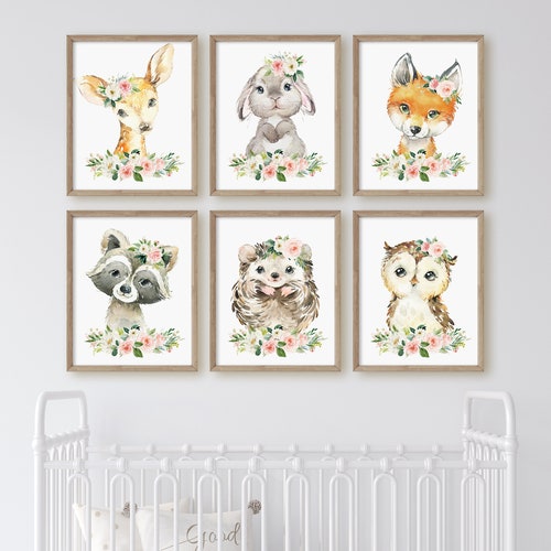 Baby Girl Nursery Prints Woodland Animal Wall Art Watercolor Etsy