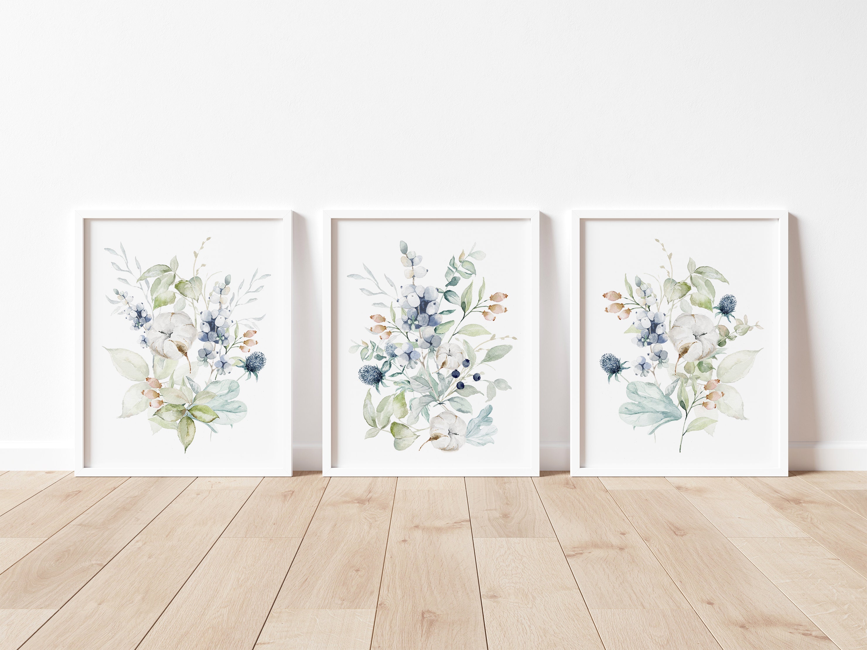 Set of 3 Blue Wildflower Bouquets, Watercolor Floral Wall Art ...