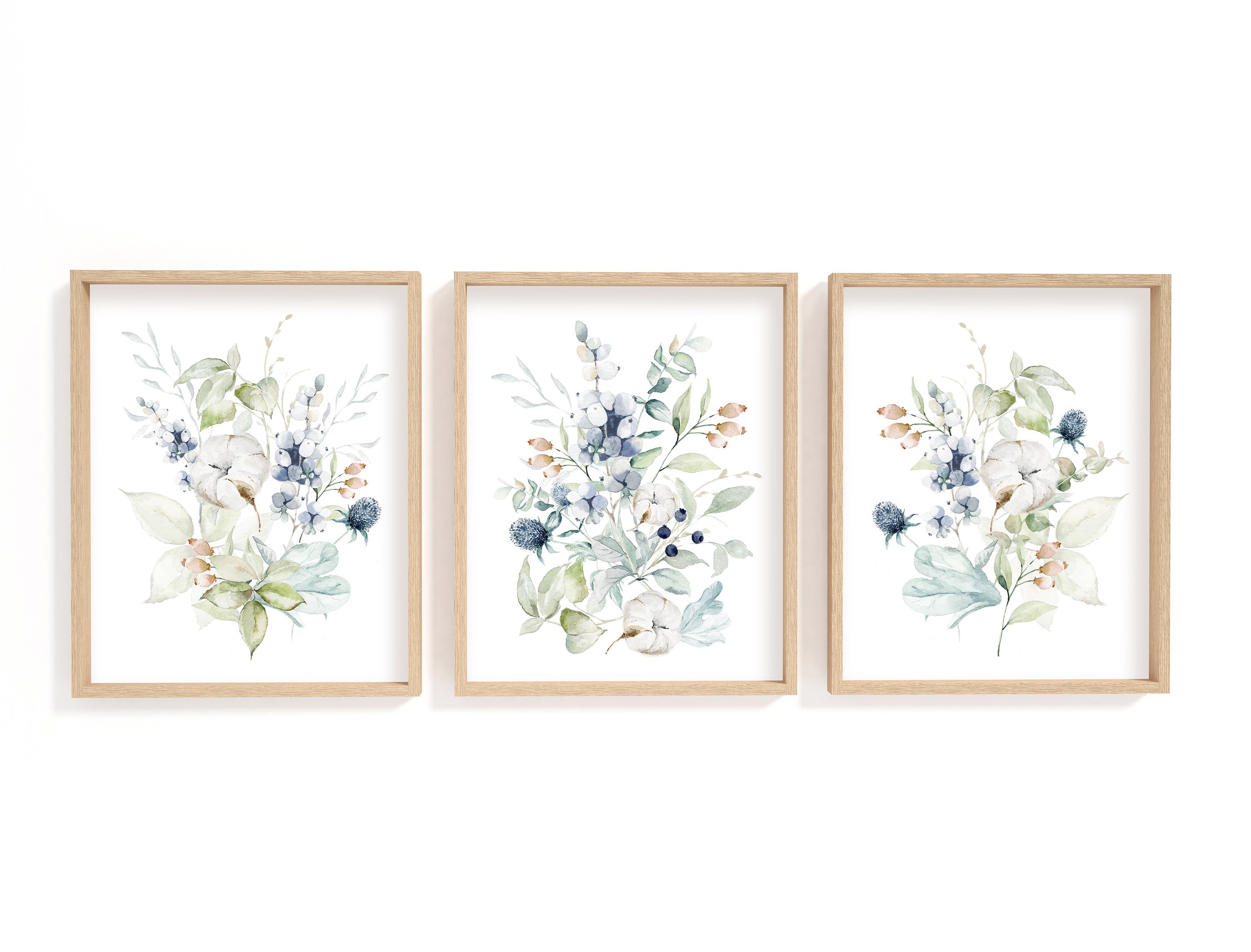 Set of 3 Blue Wildflower Bouquets, Watercolor Floral Wall Art ...