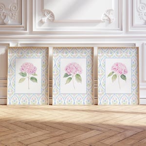 Set of 3 Pink Hydrangea Prints, Chinoiserie Wall Art, Hydrangea Print, Grandmillennial Art, Hydrangea Painting, Botanical Art, Blue Damask,