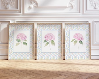 Set of 3 Pink Hydrangea Prints, Chinoiserie Wall Art, Hydrangea Print, Grandmillennial Art, Hydrangea Painting, Botanical Art, Blue Damask,