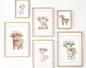 Set of 6 Farm Nursery Prints, Farm Animals, Pink Tractor Barn, Highland Cow Pig, Farmhouse Art Poster, Farm Wall Decor, Instant Download