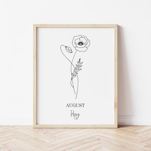 Black and White Birth Flower Prints, Line Art Drawing, August Poppy, Living Room Decor, Minimal Decor, Home Decor, Modern Wall Art,