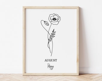 Black and White Birth Flower Prints, Line Art Drawing, August Poppy, Living Room Decor, Minimal Decor, Home Decor, Modern Wall Art,