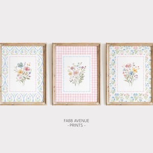 Set of 3 Wildflower Nursery Print, GrandMillenial Baby Girl Room Decor, Floral Wall Art, Botanical Nursery Print Set, Pink and Blue Decor