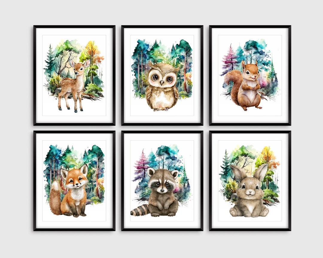 6 Nursery Woodland Animal Prints, Bright Colorful, Watercolor Animals