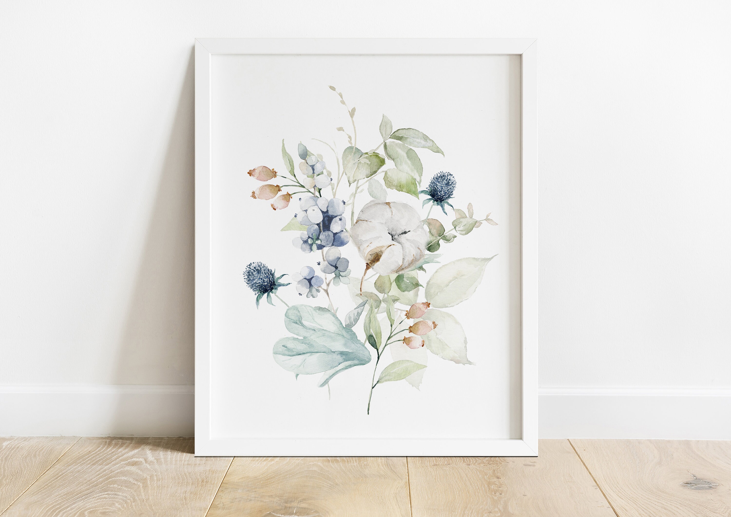 Set of 3 Blue Wildflower Bouquets, Watercolor Floral Wall Art ...