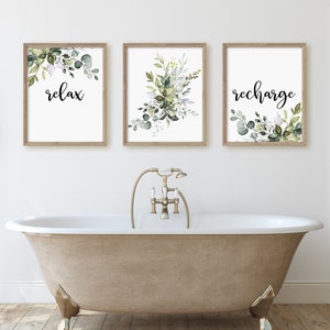 Bathroom Prints, Relax and Recharge, Bathroom Decor, Set of 3, Farmhouse Decor, Printable Wall Art, Bathroom Art, Home Decor, Home Print,