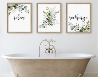 Bathroom Prints, Relax and Recharge, Bathroom Decor, Set of 3, Farmhouse Decor, Printable Wall Art, Bathroom Art, Home Decor, Home Print,