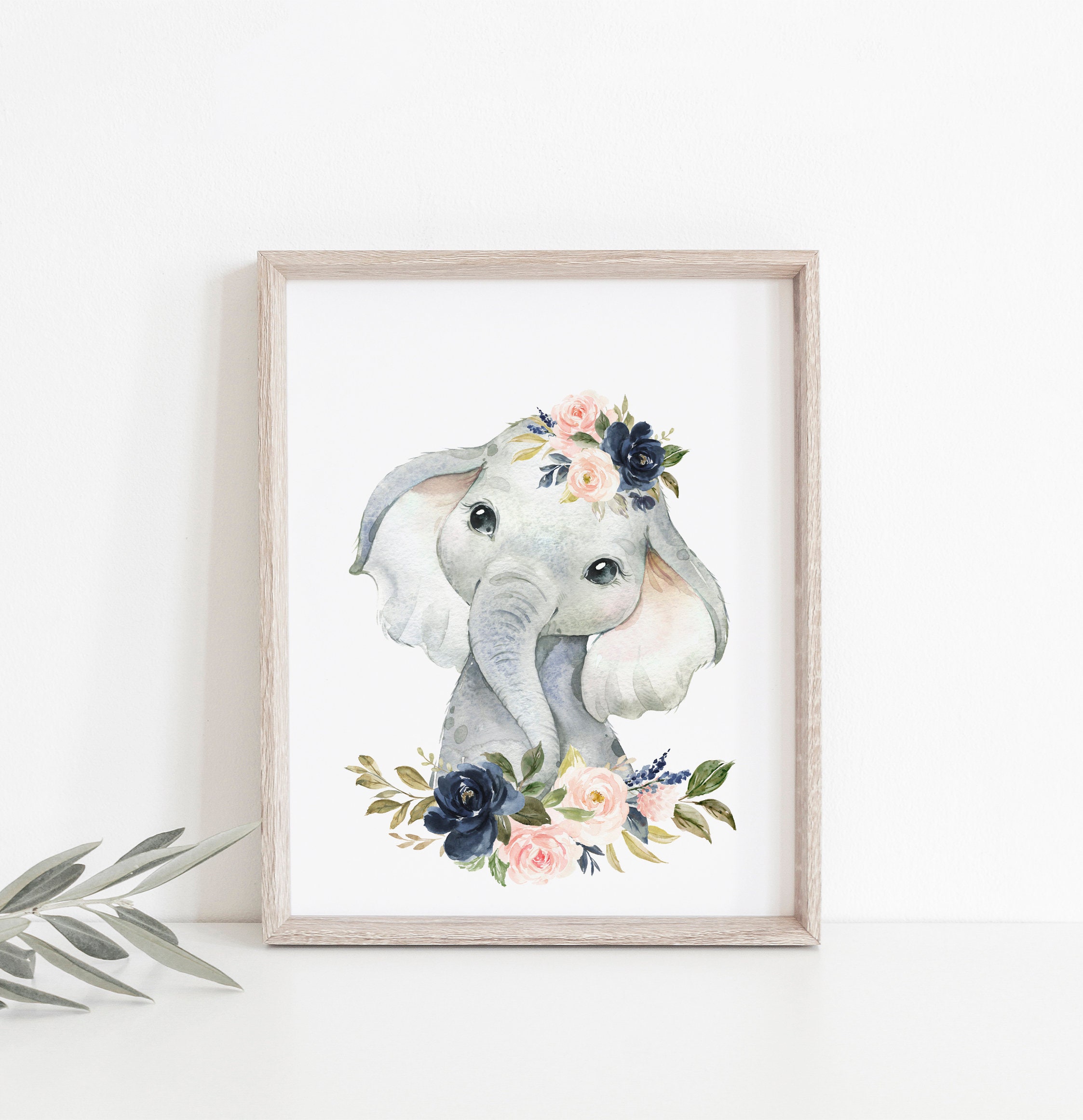 4 Blush Pink Navy Floral Safari Animal Prints, Nursery Wall Decor ...
