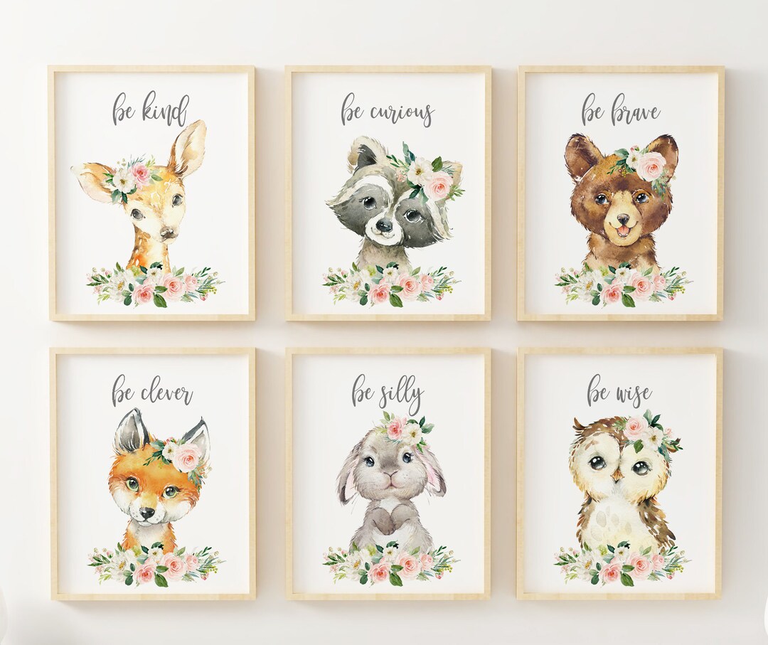Baby Girl Pink Peach Floral Nursery Prints, Woodland Animal Wall Art ...