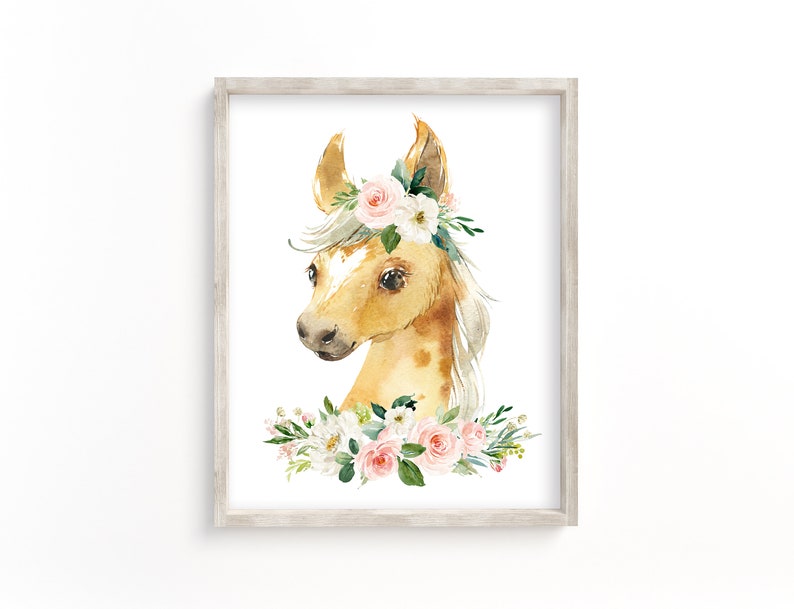 May include: Watercolor painting of a light brown horse with a floral crown. The crown is made of pink and white flowers and green leaves. The horse has a white mane and tail.