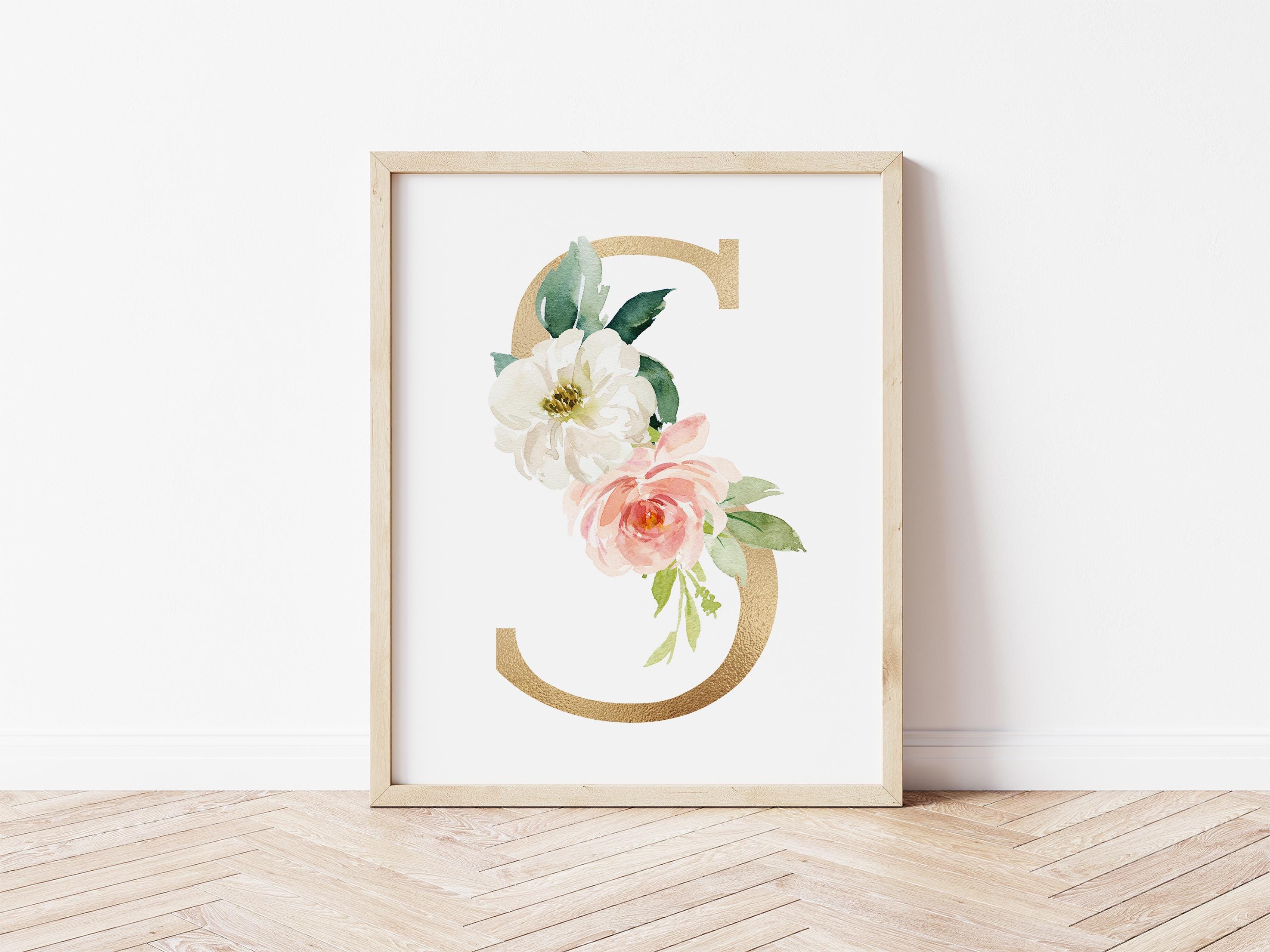 Pink Floral Gold Letter Print, Letter S, First Initial, Monogram Print ...