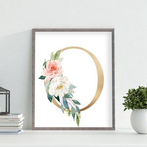 Floral rosa oro carta O impresión, primera inicial, monograma, decoración de la pared del vivero, flores de acuarela, arte de pared del vivero floral, descarga digital,