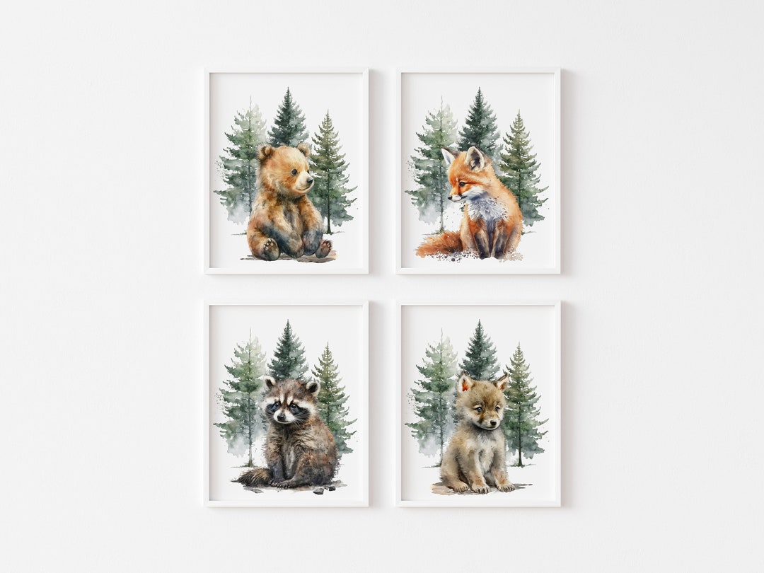 4 Nursery Woodland Animal Prints Nursery Wall Decor Baby Etsy