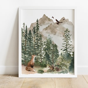 May include: Watercolor painting of a forest scene with a fox, two squirrels, and birds flying over a mountain range. The painting is in shades of green, brown, and gray.