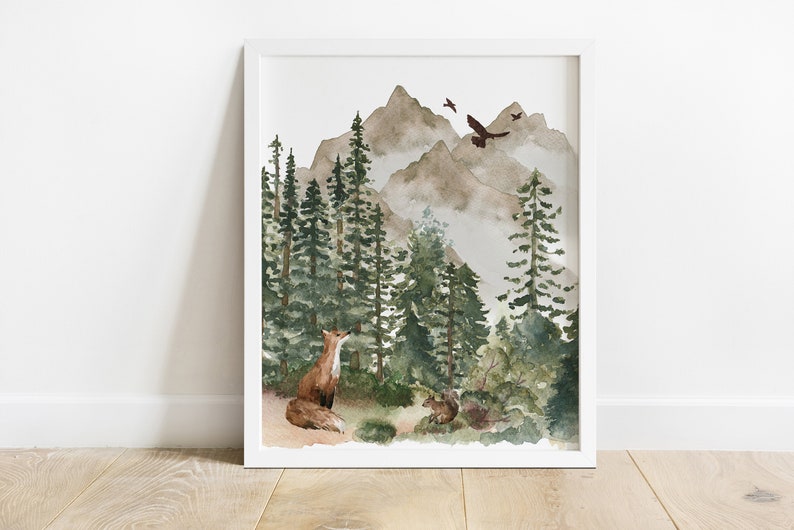 May include: Watercolor painting of a forest scene with a fox, two squirrels, and birds flying over a mountain range. The painting is in shades of green, brown, and gray.