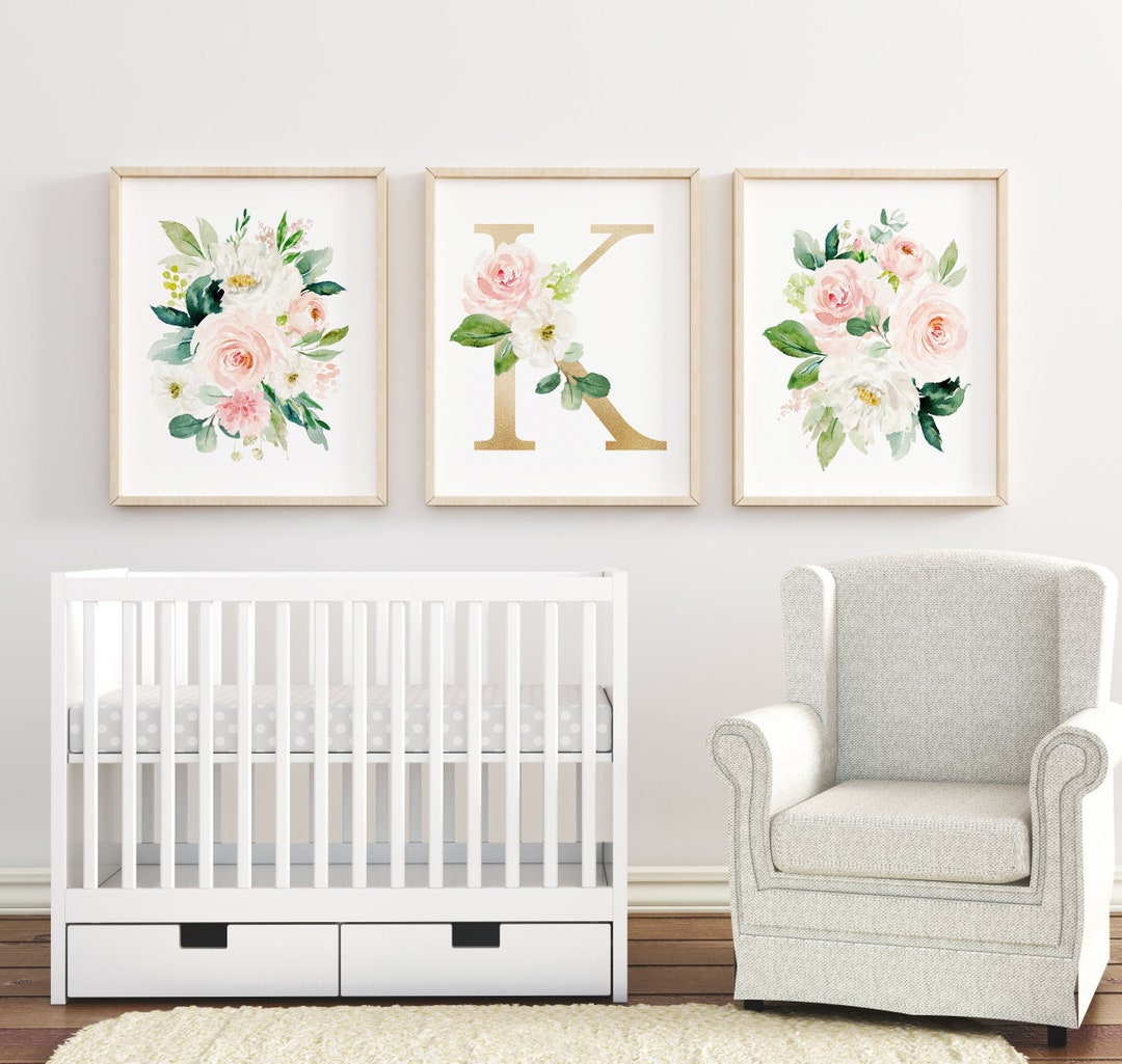 Baby Girl Nursery Art Prints, Gold Monogram Watercolor Floral Blush ...
