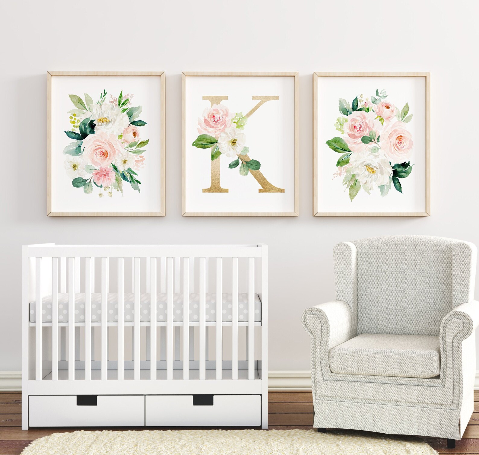Baby Girl Nursery Art Prints Gold Monogram Watercolor Floral - Etsy