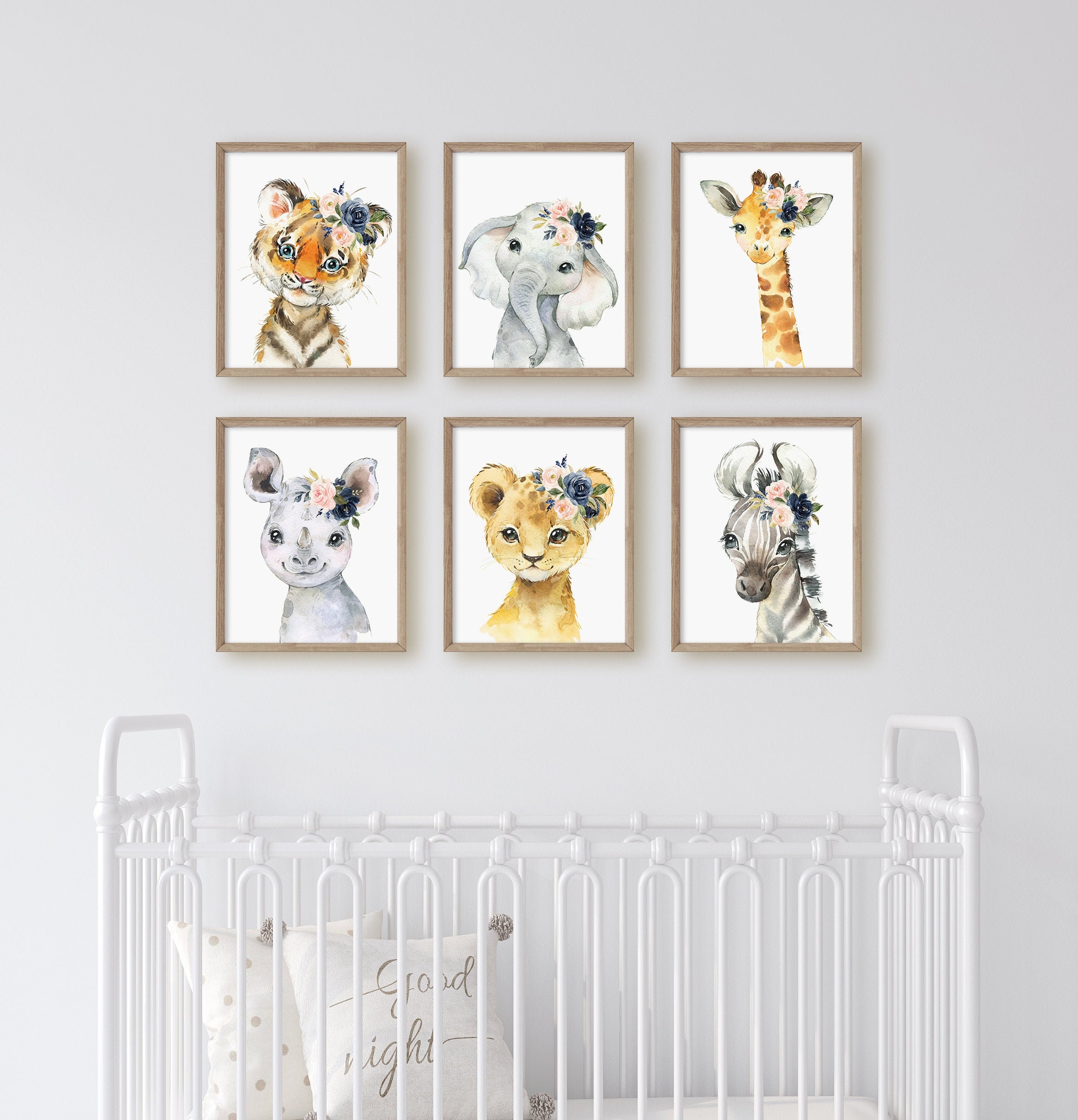 Blush Pink Navy Floral Safari Animal Prints, Nursery Wall Decor ...