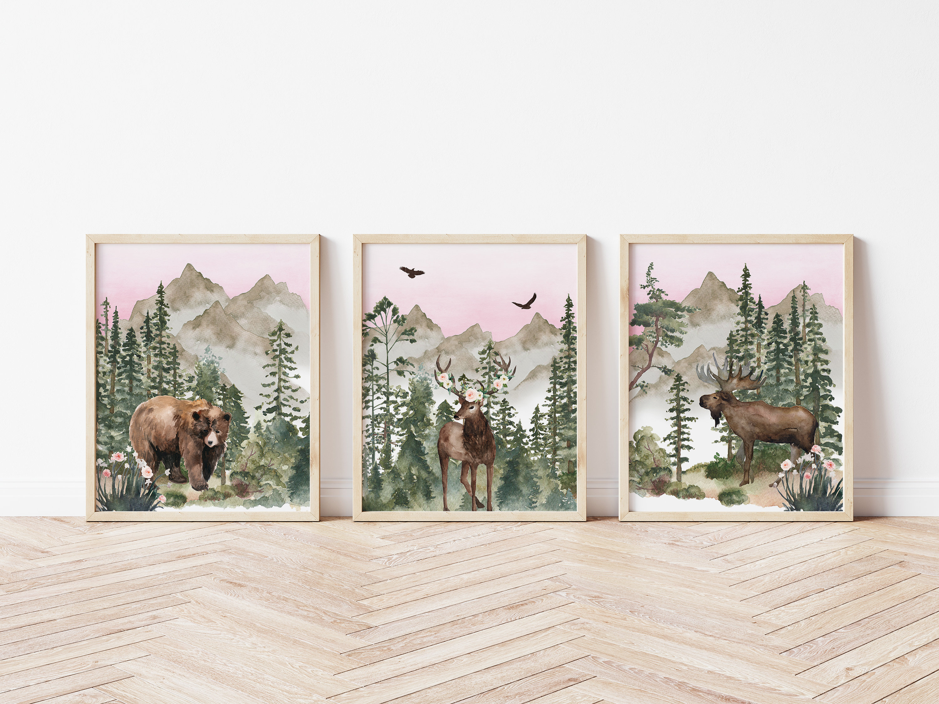 Set of 3 Girl Woodland Animal Prints Blush Pink Floral | Etsy