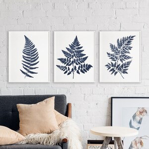 Set of 3 Fern Leaf Prints, Navy Blue Leaf Prints, Botanic Wall Prints ...