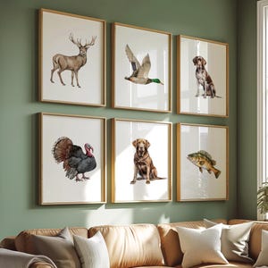 Op de afbeelding: Zes ingelijste kunstprints met aquarel illustraties van wilde dieren. De prints tonen een hert, een vliegende eend, een hond, een kalkoen, een hond en een vis. De frames zijn goudkleurig en hangen aan een groene muur.