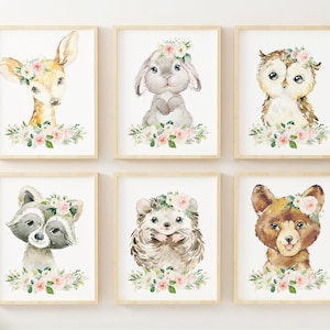 Baby Girl Nursery Wall Art, Woodland Animal Prints, Girls Room Decor, Nursery Animal Print, Kids Room Decor, Floral Nursery Prints,