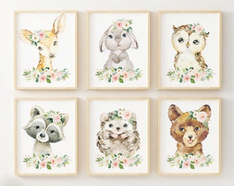 Baby Meisje Kwekerij Wall Art, Woodland Animal Prints, Girls Room Decor, Nursery Animal Print, Kids Room Decor, Floral Nursery Prints,