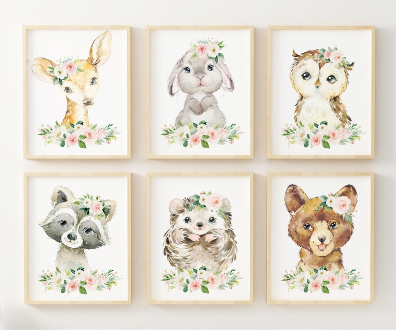 Baby Girl Nursery Wall Art Woodland Animal Prints Girls Room Etsy