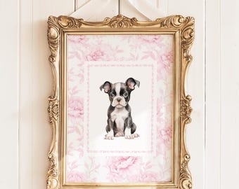 Boston Terrier Nursery Print, Dog Girl Nursery Art, Pink Chinoiserie Nursery Decor, Coquette Wall Art, Puppy Nursery Print, Grandmillenial,